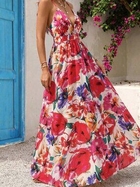 Red Boho Women's Deep V-Neck Slip Ruched Maxi Dress